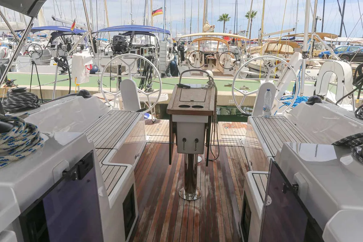 Cockpit of Cloud Rider, a Bavaria C38 sailboat at Municipal Unit of Lefkada, Greece
