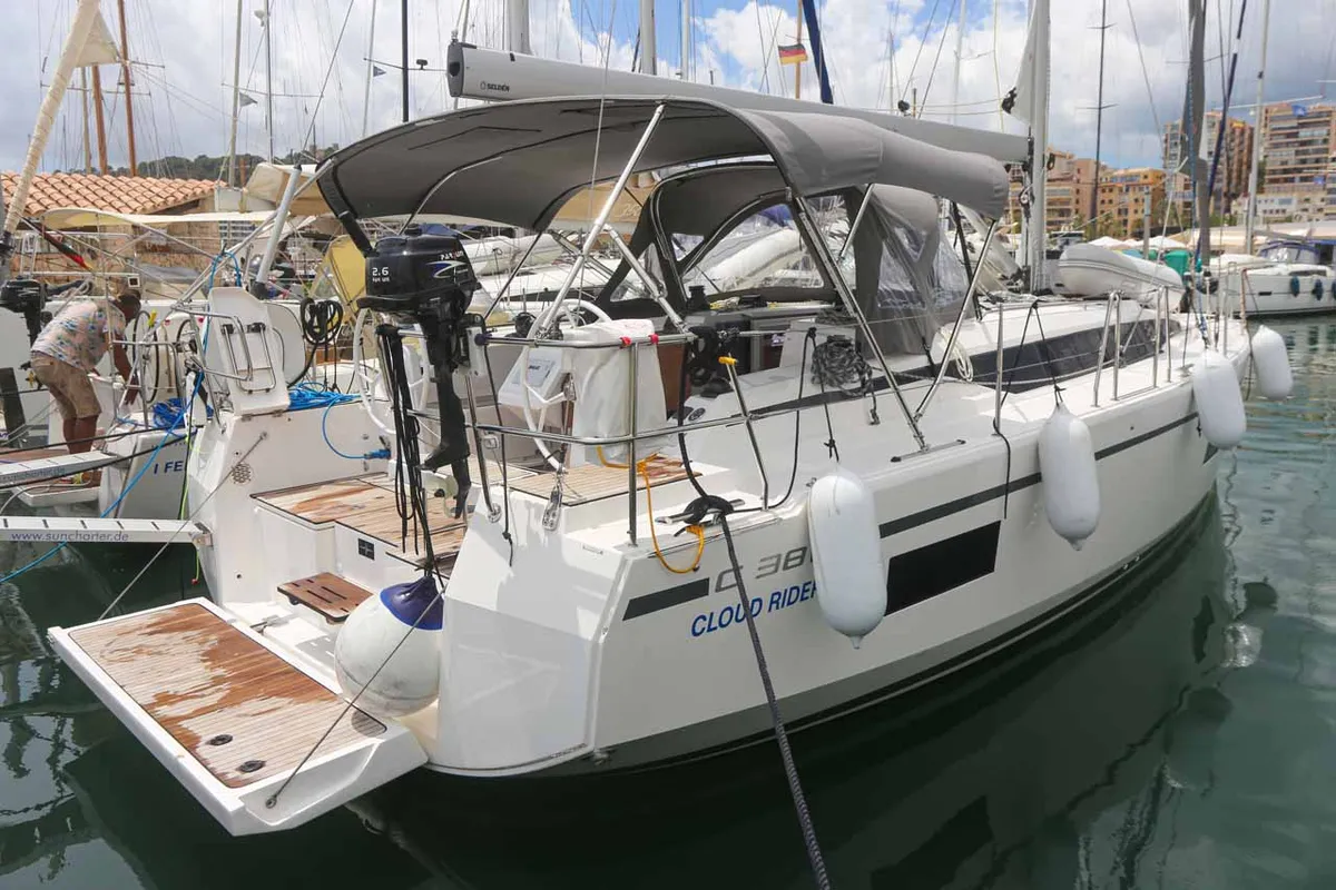 Exterior view of Cloud Rider, a Bavaria C38 sailboat at Municipal Unit of Lefkada, Greece
