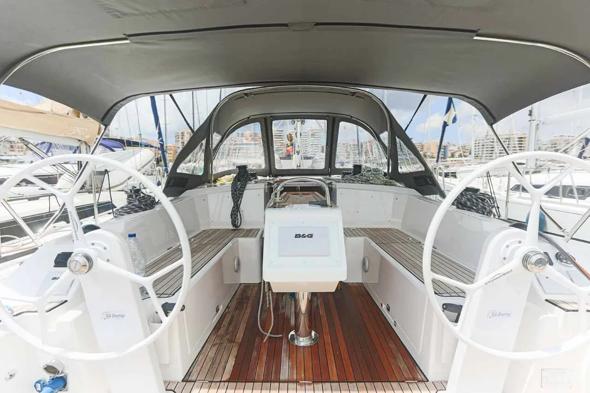 Cockpit of Cloud Rider, a Bavaria C38 sailboat at Municipal Unit of Lefkada, Greece