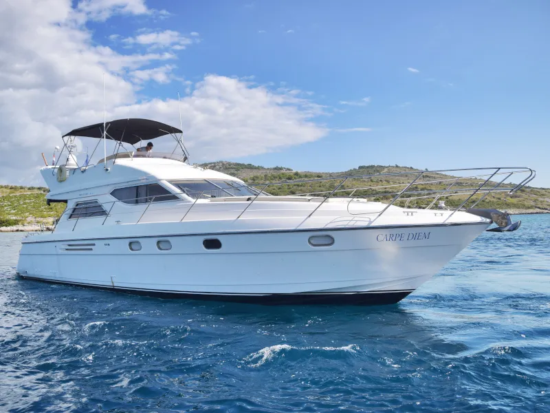 Exterior view of Carpe Diem, a Princess 480 motorboat at Primošten, Croatia