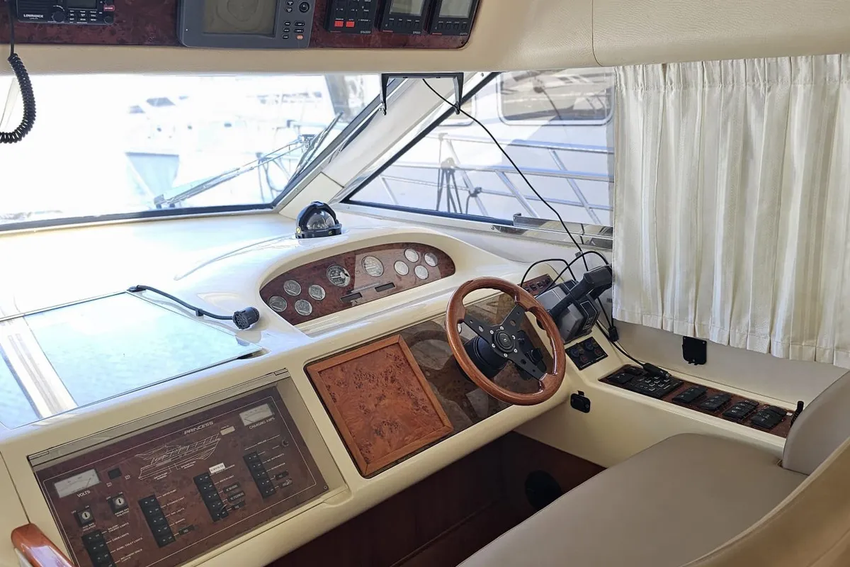 Cockpit of Carpe Diem, a Princess 480 motorboat at Primošten, Croatia
