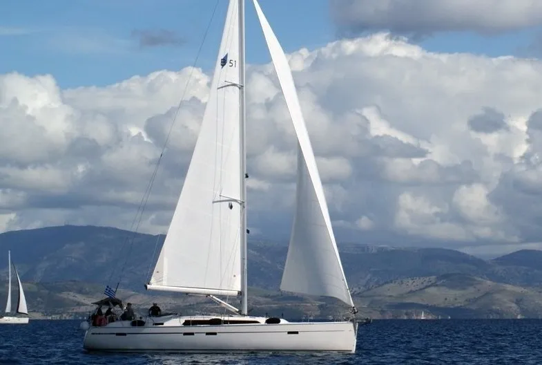 Exterior view of Soleado, a Bavaria Cruiser 51 sailboat at Municipal Unit of Nea Peramos, Greece