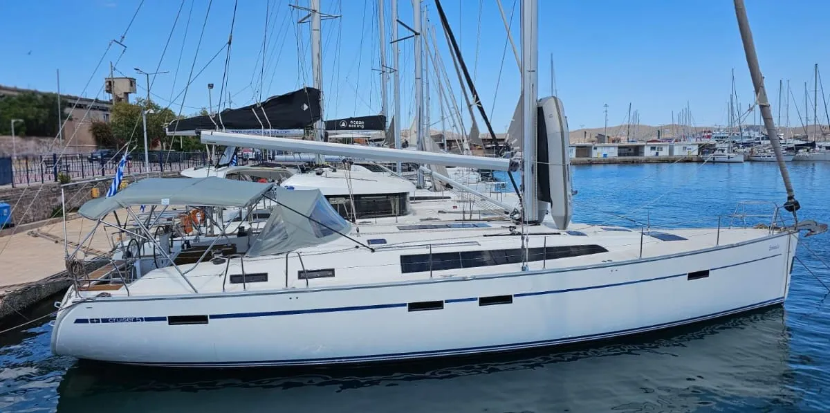 Exterior view of Soleado, a Bavaria Cruiser 51 sailboat at Municipal Unit of Nea Peramos, Greece