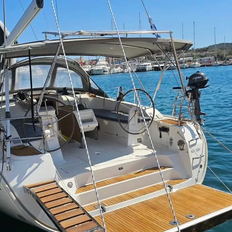 Cockpit of Soleado, a Bavaria Cruiser 51 sailboat at Municipal Unit of Nea Peramos, Greece
