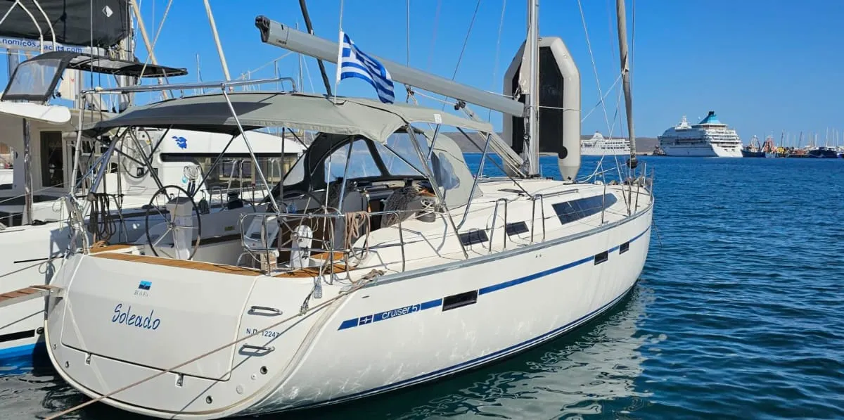 Exterior view of Soleado, a Bavaria Cruiser 51 sailboat at Municipal Unit of Nea Peramos, Greece
