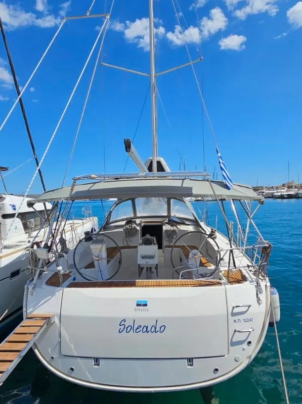 Exterior view of Soleado, a Bavaria Cruiser 51 sailboat at Municipal Unit of Nea Peramos, Greece