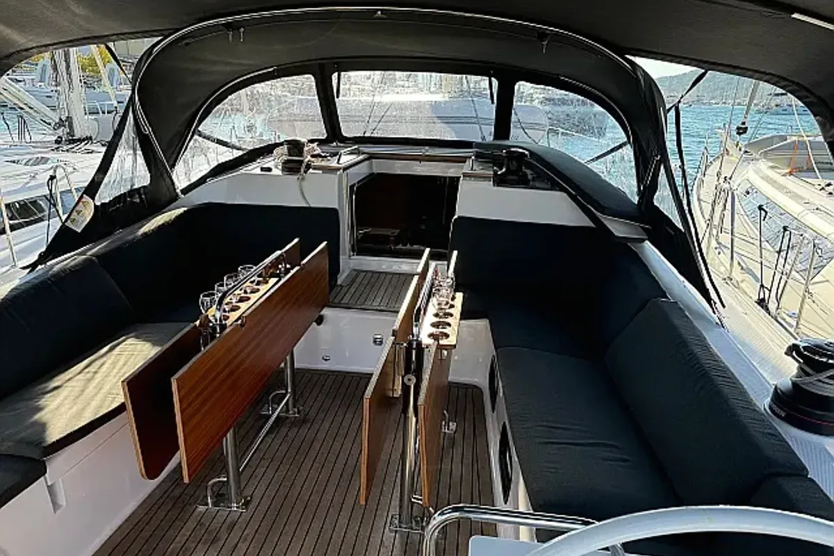 Cockpit of Long Island, a Elan Impression 50.1 sailboat at Seget Donji, Croatia