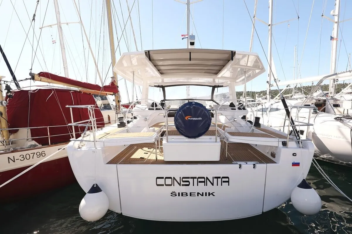 Exterior view of Constanta, a Hanse 588 sailboat at Pirovac, Croatia