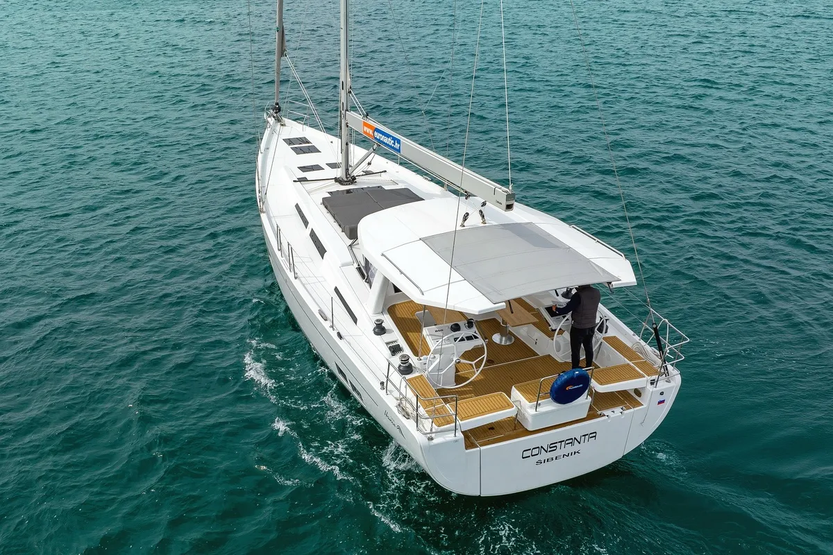Exterior view of Constanta, a Hanse 588 sailboat at Pirovac, Croatia