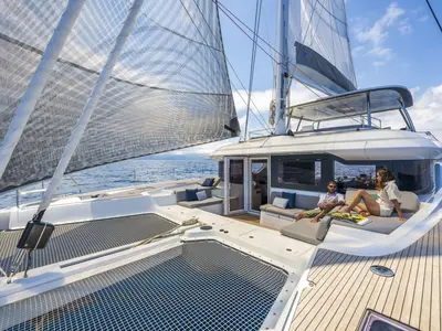 Salon of CATWALK I, a Lagoon 60 catamaran at Grad Kaštela, Croatia