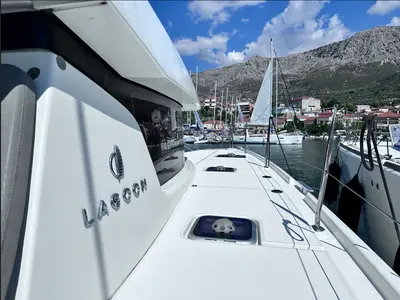 Deck of Sea novels, a Lagoon 42 catamaran at Municipal Unit of Palairos, Greece