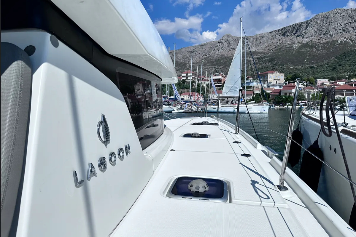 Deck of Sea novels, a Lagoon 42 catamaran at Municipal Unit of Palairos, Greece