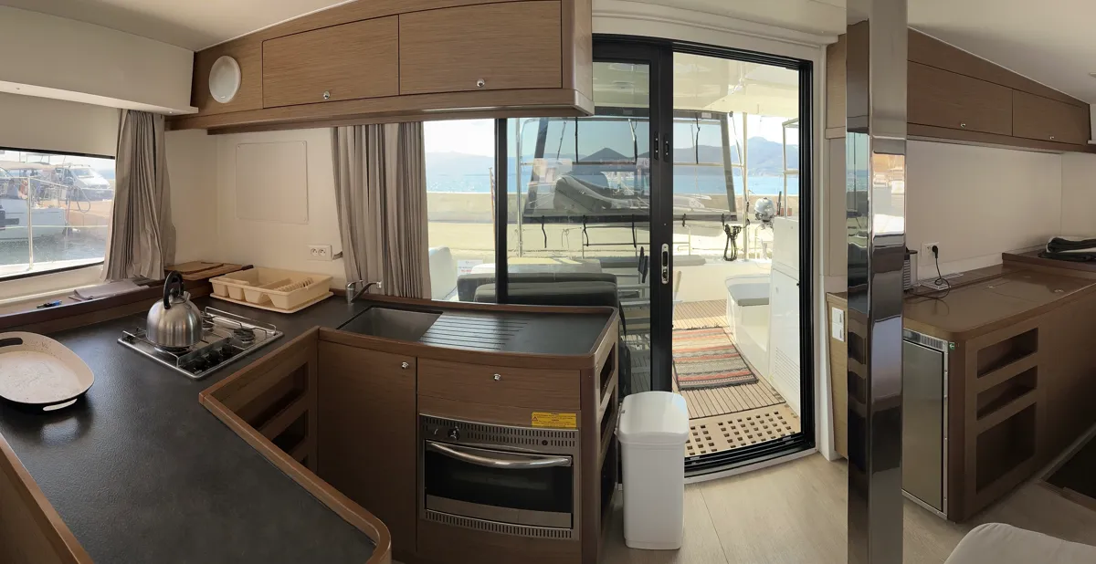Galley of Sea novels, a Lagoon 42 catamaran at Municipal Unit of Palairos, Greece