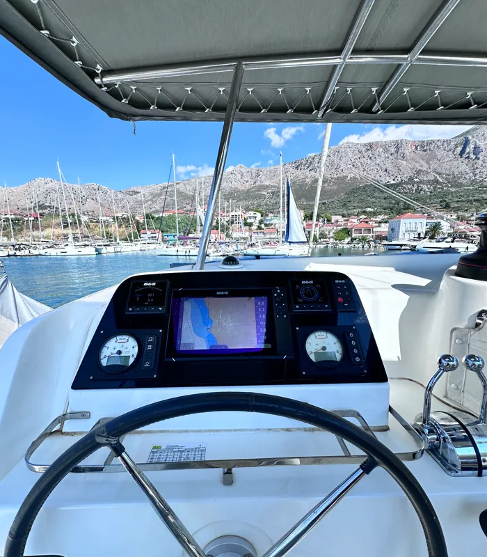 Cockpit of Sea novels, a Lagoon 42 catamaran at Municipal Unit of Palairos, Greece