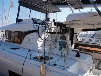 Cockpit of Sea novels, a Lagoon 42 catamaran at Municipal Unit of Palairos, Greece
