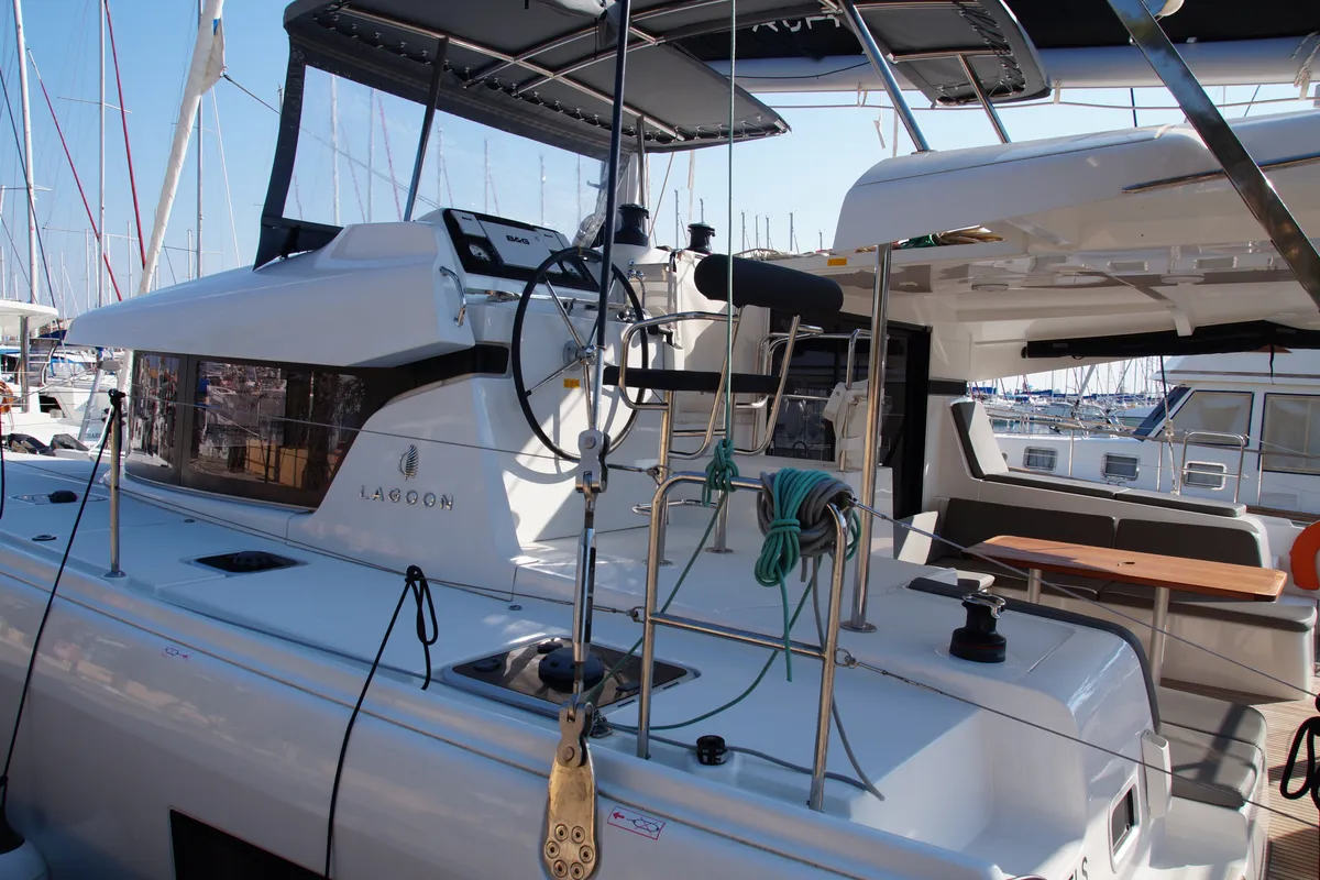Cockpit of Sea novels, a Lagoon 42 catamaran at Municipal Unit of Palairos, Greece