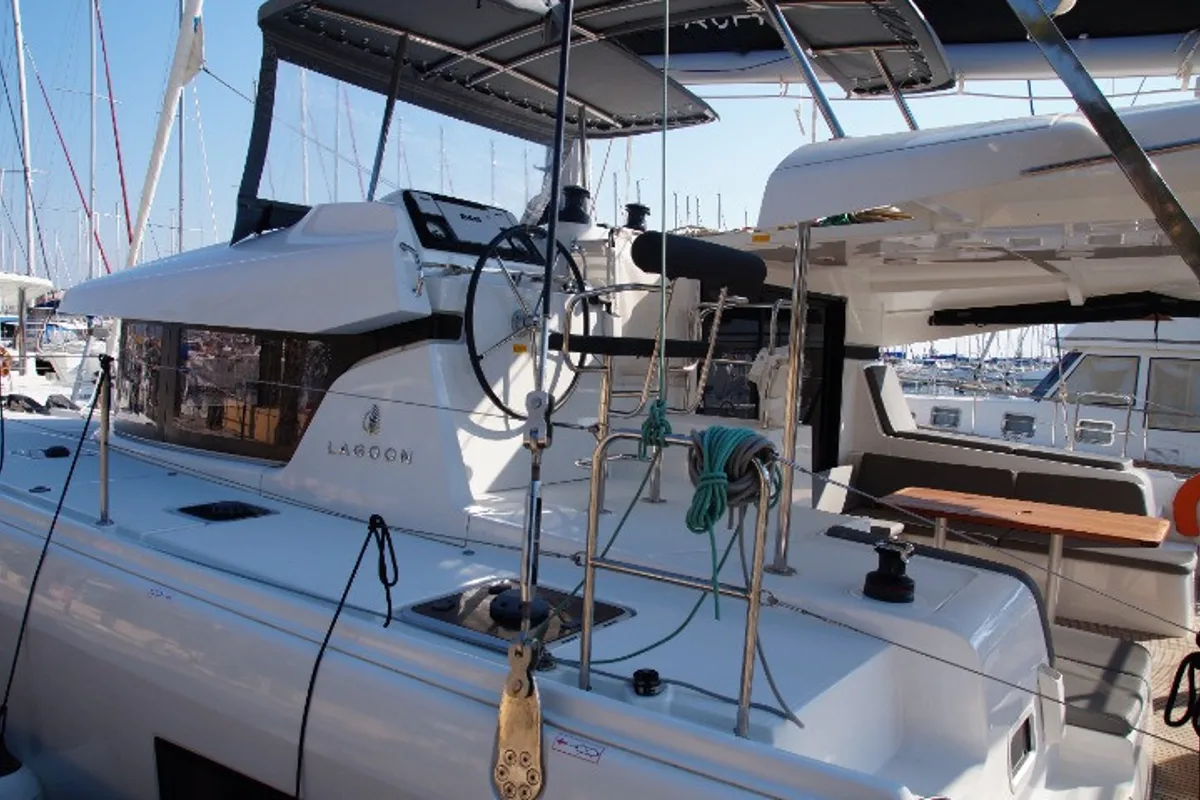Cockpit of Sea novels, a Lagoon 42 catamaran at Municipal Unit of Palairos, Greece
