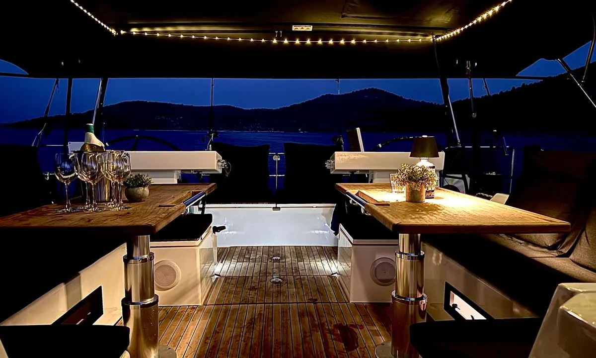 Cockpit of F-ONE, a Bavaria C57 Style sailboat at Grad Trogir, Croatia