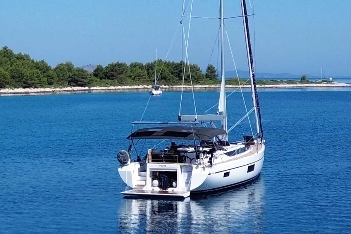 Exterior view of F-ONE, a Bavaria C57 Style sailboat at Grad Trogir, Croatia