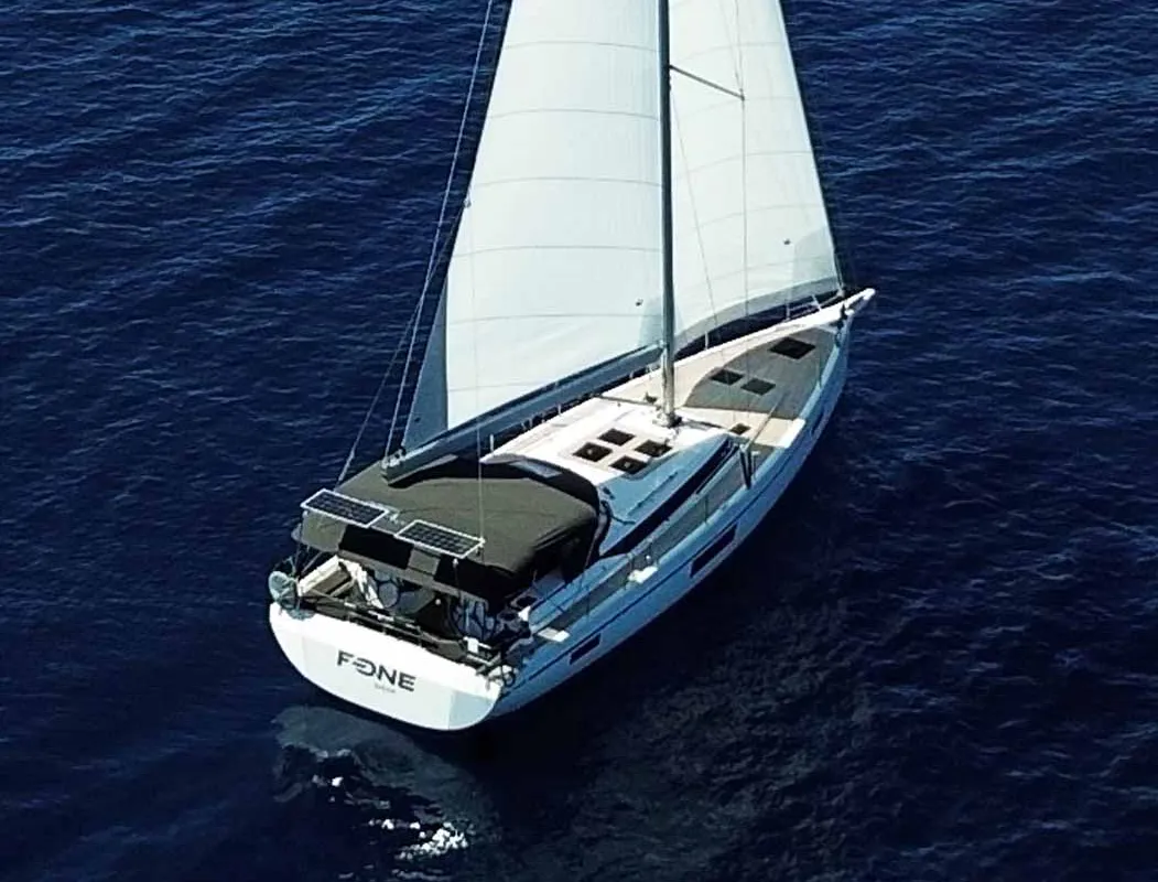 Exterior view of F-ONE, a Bavaria C57 Style sailboat at Grad Trogir, Croatia