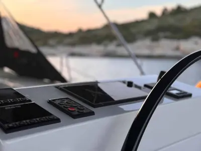 Cockpit of F-ONE, a Bavaria C57 Style sailboat at Grad Trogir, Croatia