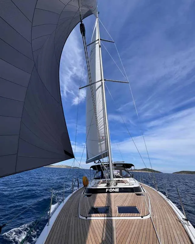 Deck of F-ONE, a Bavaria C57 Style sailboat at Grad Trogir, Croatia