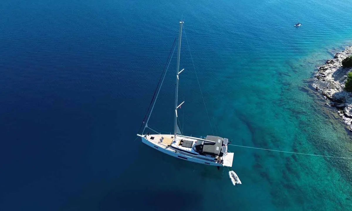 Exterior view of F-ONE, a Bavaria C57 Style sailboat at Grad Trogir, Croatia