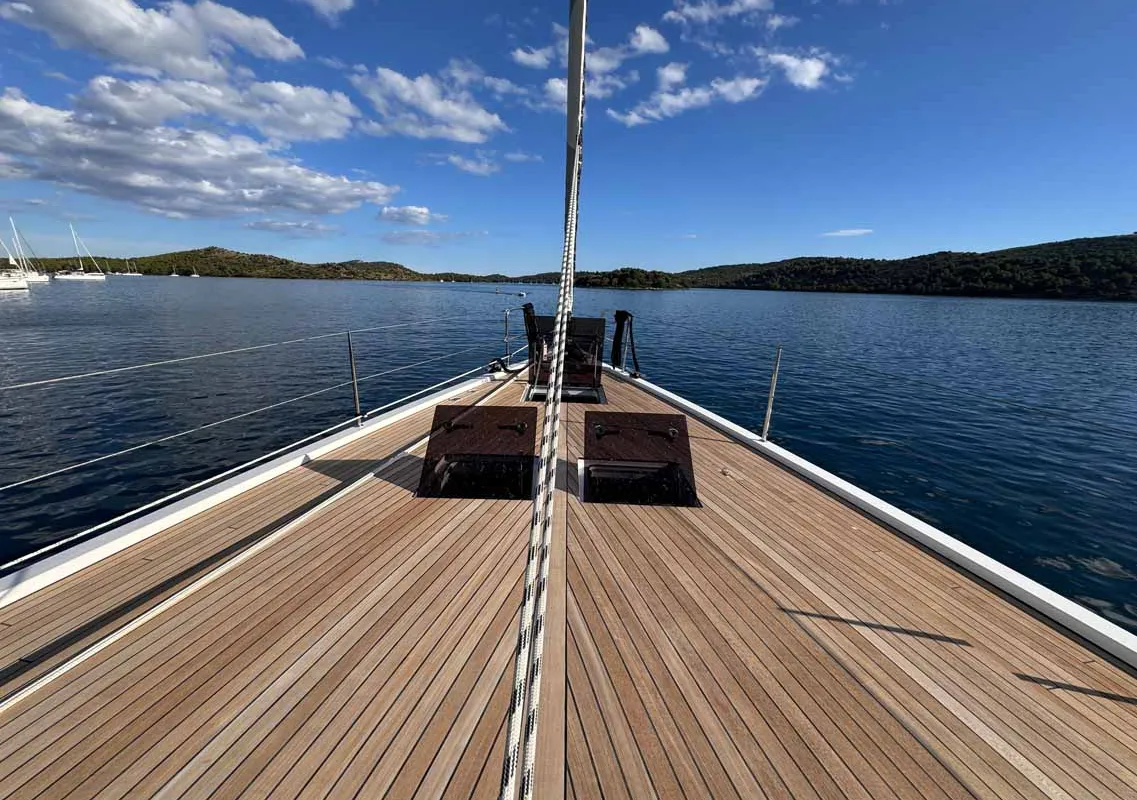 Deck of F-ONE, a Bavaria C57 Style sailboat at Grad Trogir, Croatia