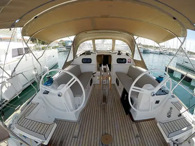 Cockpit of Silente, a Elan Impression 40 sailboat at Grad Šibenik, Croatia