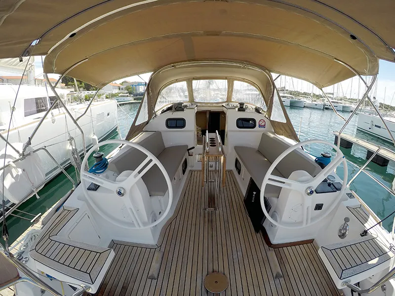 Cockpit of Silente, a Elan Impression 40 sailboat at Grad Šibenik, Croatia