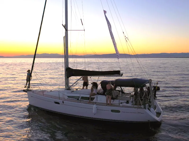 Exterior view of Bookie Too, a Jeanneau Sun Odyssey 39i sailboat at Salamina Municipal Unit, Greece