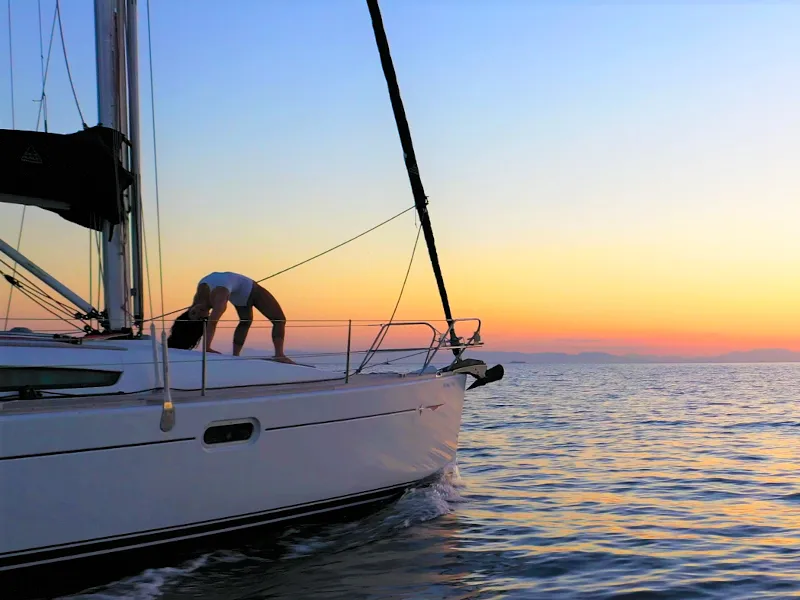 Exterior view of Bookie Too, a Jeanneau Sun Odyssey 39i sailboat at Salamina Municipal Unit, Greece