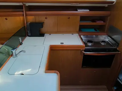 Galley of Bookie Too, a Jeanneau Sun Odyssey 39i sailboat at Salamina Municipal Unit, Greece
