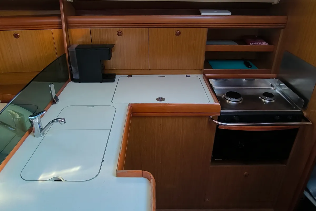 Galley of Bookie Too, a Jeanneau Sun Odyssey 39i sailboat at Salamina Municipal Unit, Greece