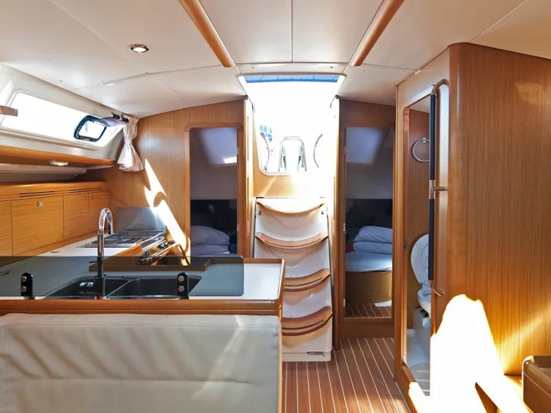 Salon of Bookie Too, a Jeanneau Sun Odyssey 39i sailboat at Salamina Municipal Unit, Greece