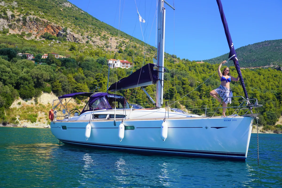 Exterior view of Bookie Too, a Jeanneau Sun Odyssey 39i sailboat at Salamina Municipal Unit, Greece
