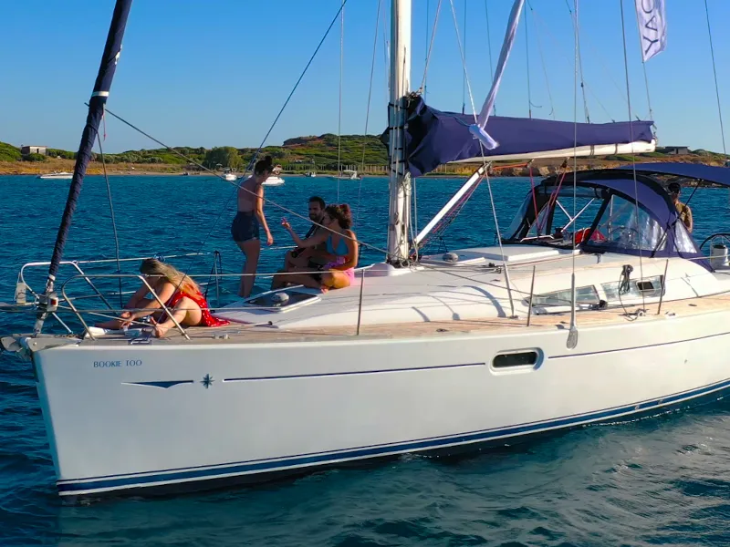 Exterior view of Bookie Too, a Jeanneau Sun Odyssey 39i sailboat at Salamina Municipal Unit, Greece