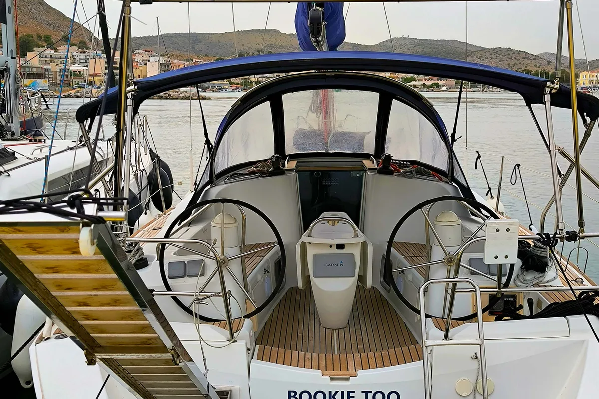 Exterior view of Bookie Too, a Jeanneau Sun Odyssey 39i sailboat at Salamina Municipal Unit, Greece