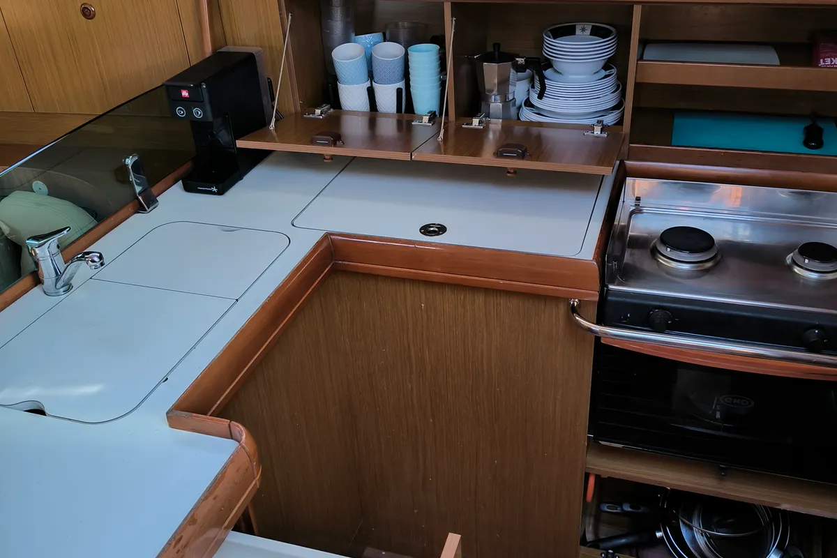 Galley of Bookie Too, a Jeanneau Sun Odyssey 39i sailboat at Salamina Municipal Unit, Greece