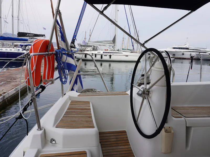 Cockpit of Bookie Too, a Jeanneau Sun Odyssey 39i sailboat at Salamina Municipal Unit, Greece
