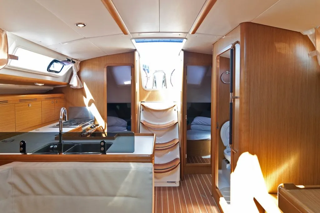 Salon of Bookie Too, a Jeanneau Sun Odyssey 39i sailboat at Salamina Municipal Unit, Greece
