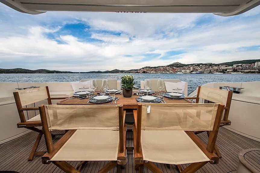 Deck of Skyfall MY, a Azimut 47 motorboat at Grad Šibenik, Croatia