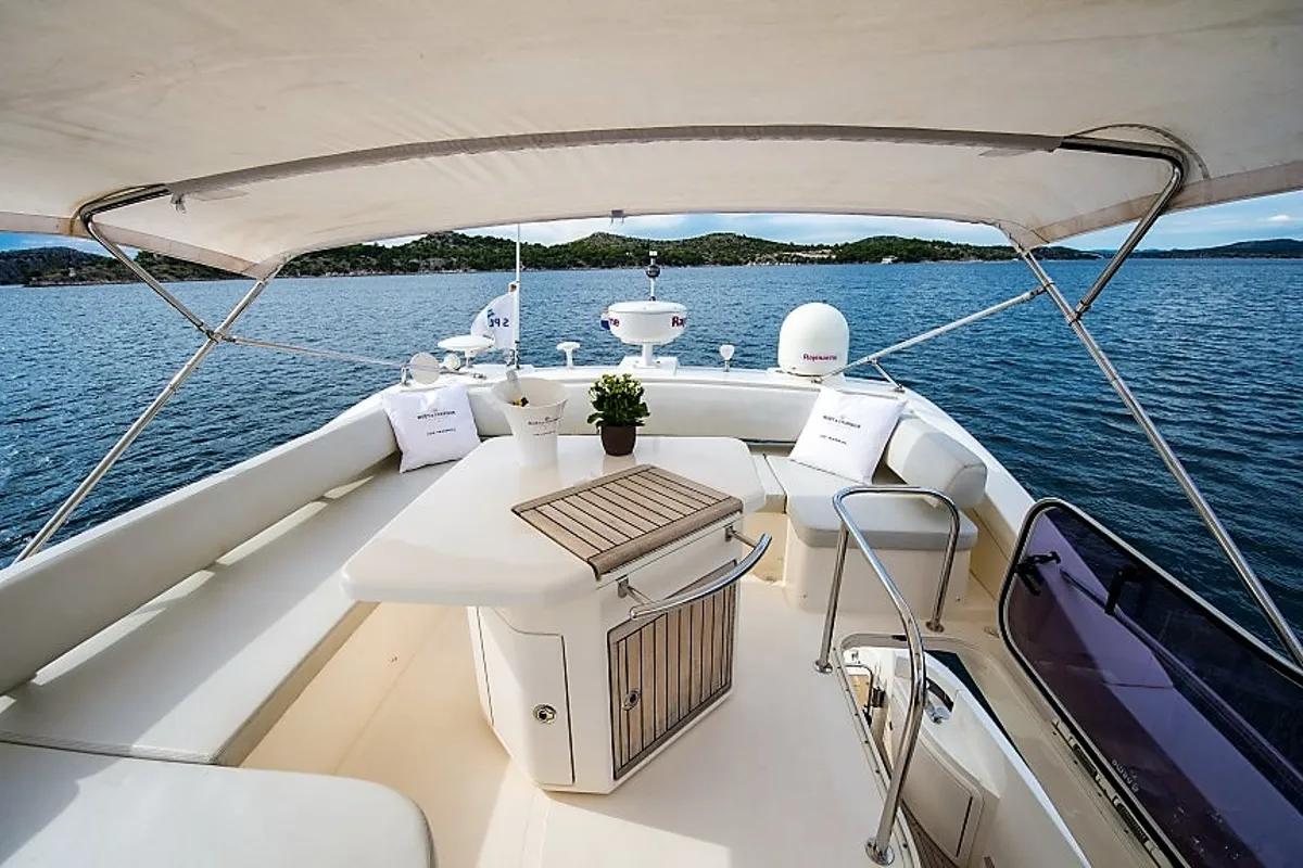 Deck of Skyfall MY, a Azimut 47 motorboat at Grad Šibenik, Croatia