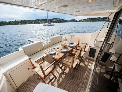 Deck of Skyfall MY, a Azimut 47 motorboat at Grad Šibenik, Croatia