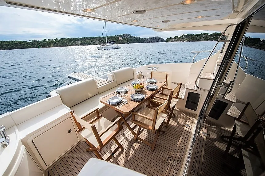 Deck of Skyfall MY, a Azimut 47 motorboat at Grad Šibenik, Croatia