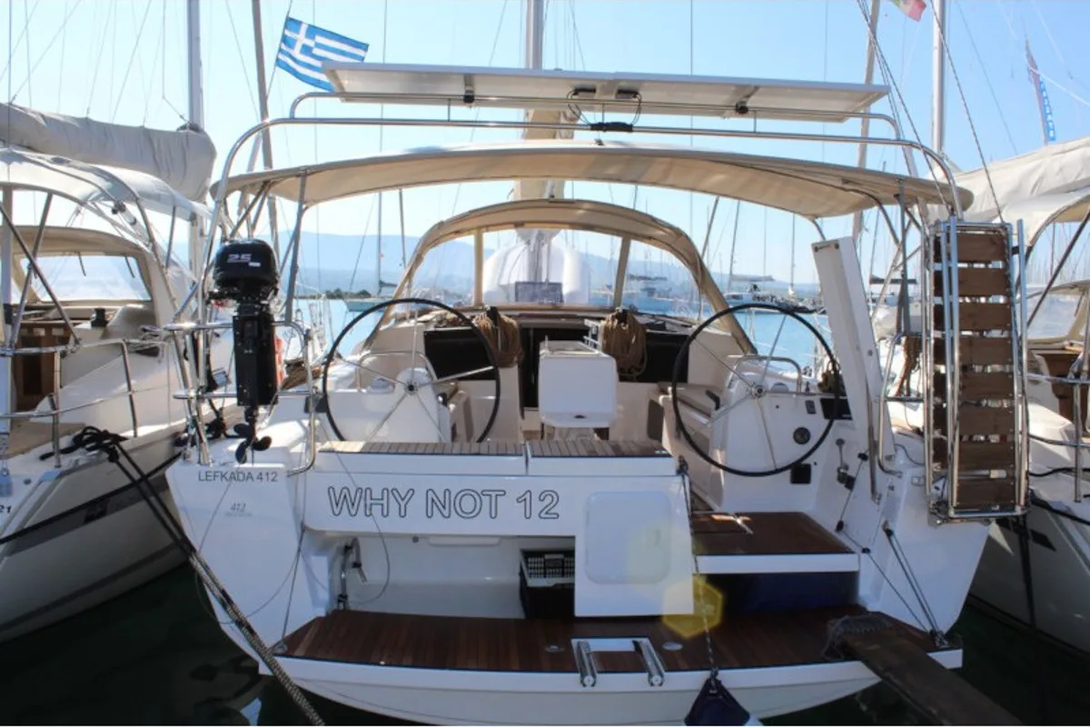Exterior view of Why not 12, a Dufour 412 Grand large sailboat at Municipal Unit of Lefkada, Greece