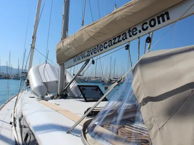 Deck of Why not 12, a Dufour 412 Grand large sailboat at Municipal Unit of Lefkada, Greece