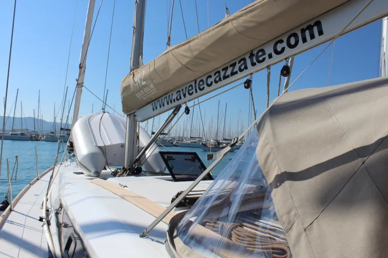 Deck of Why not 12, a Dufour 412 Grand large sailboat at Municipal Unit of Lefkada, Greece