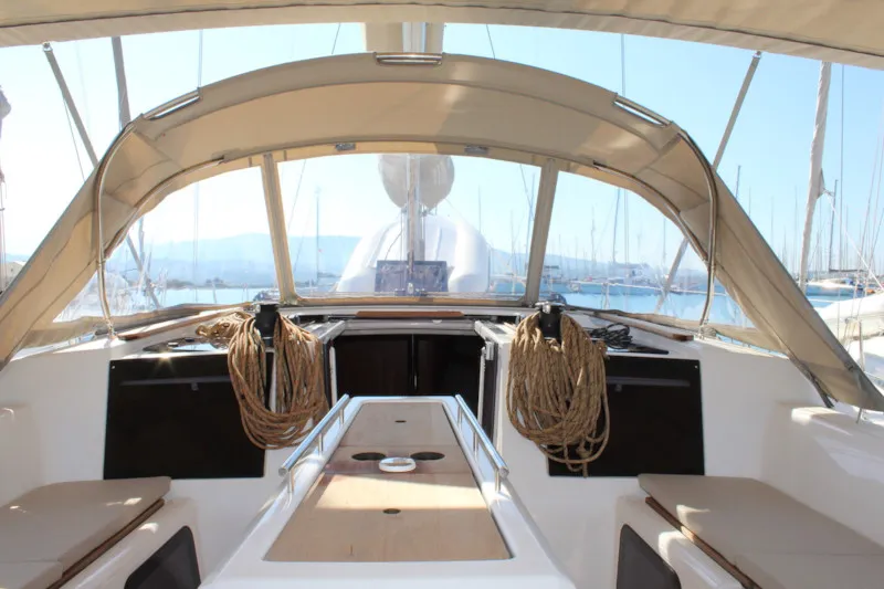 Cockpit of Why not 12, a Dufour 412 Grand large sailboat at Municipal Unit of Lefkada, Greece