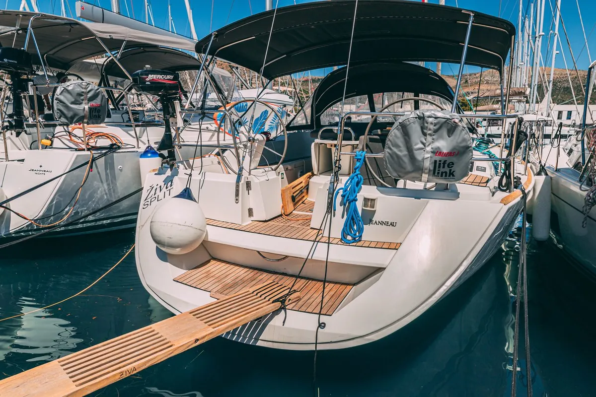 Exterior view of Ziva, a Jeanneau Sun Odyssey 49 sailboat at Seget Donji, Croatia